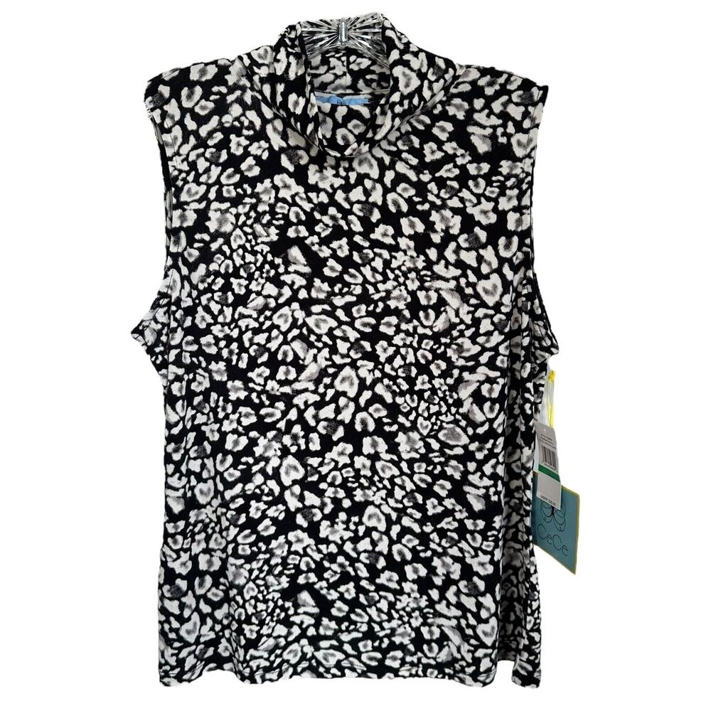 Cece Women's Sleeveless Blouse Top High Neck Size L Black & White Printed